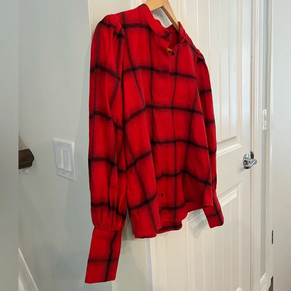 Banana Republic Red Plaid Puff Sleeve Blouse Women’s Size XS